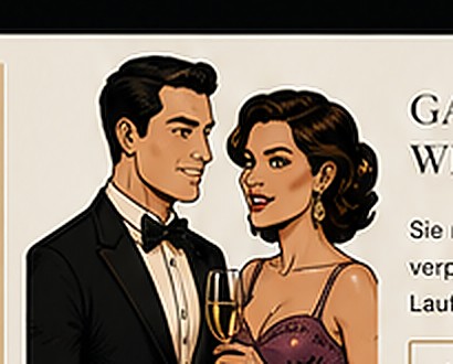 Comic-Illustration eleganter Gäste beim Dinner